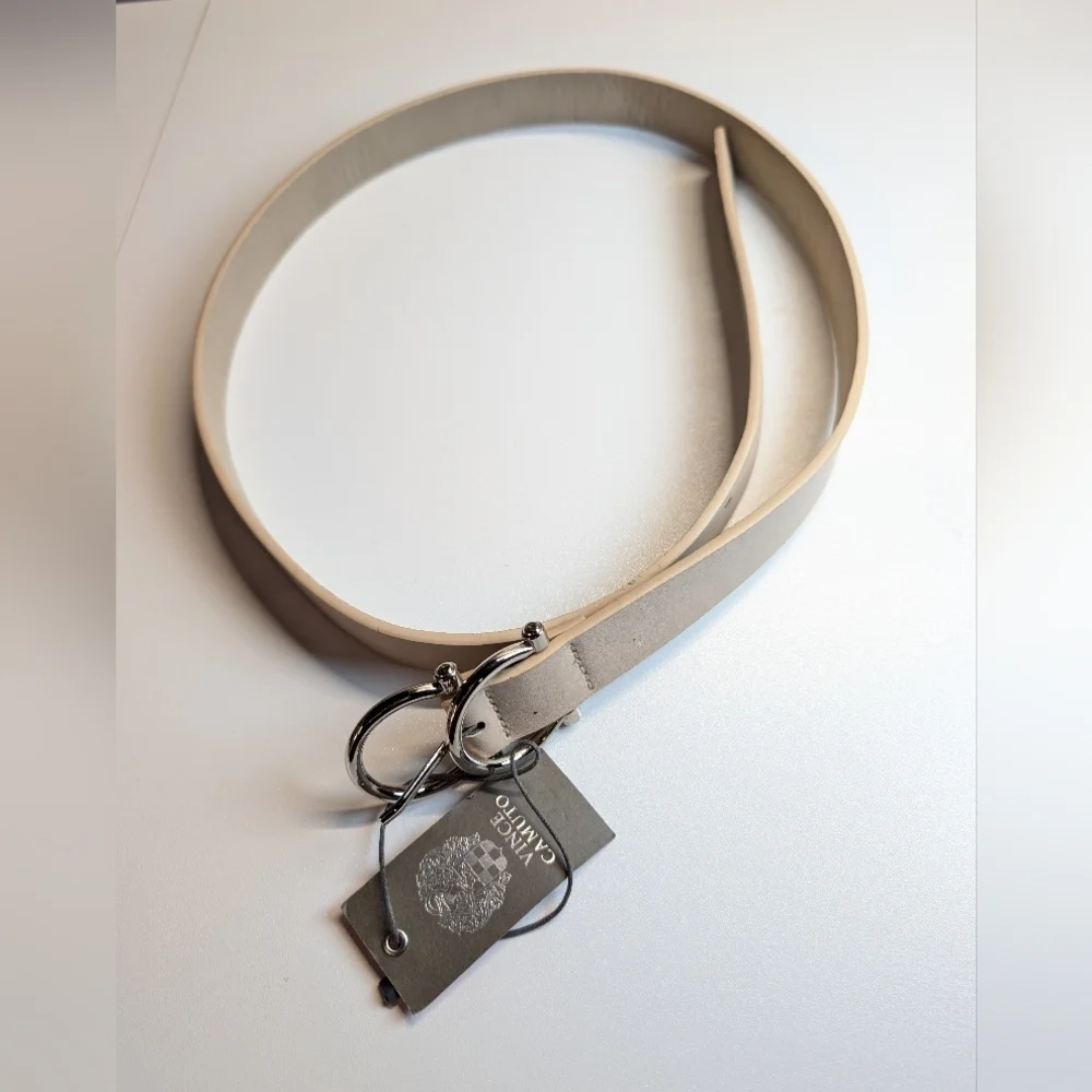Vince Camuto Double Buckle Vegan Leather Cream Belt Size L NWT